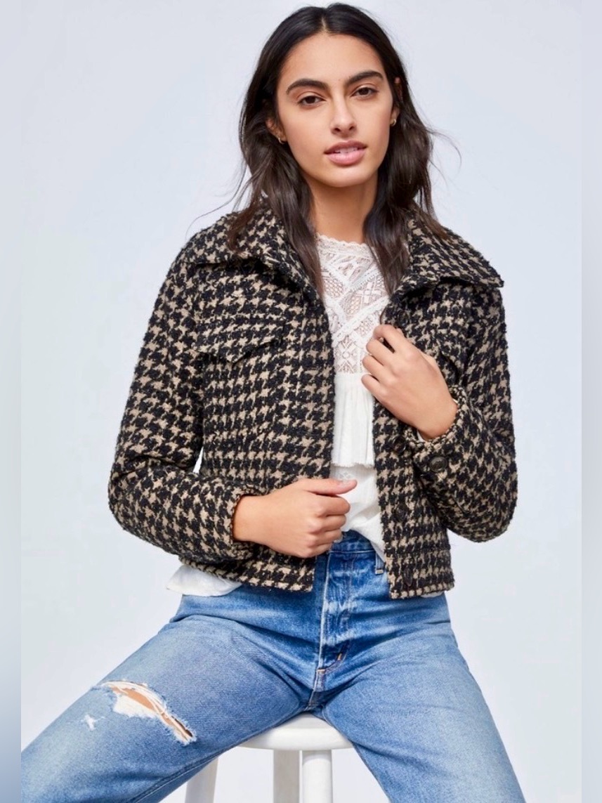 Avec Les Filles Anthropologie Lea Black & Tan Houndstooth Shimmer Blazer Xs